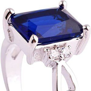 925 Sterling Silver plated Created Rainbow blue Topaz Filled Anniversary Ring